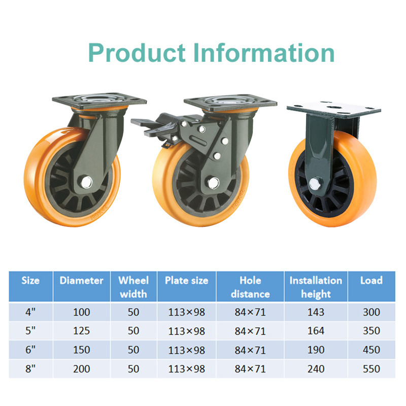 Industrial Heavy Duty Brake 550KG 8 Inch Universal Polyurethane replacement cart swivel wheels for trolleys