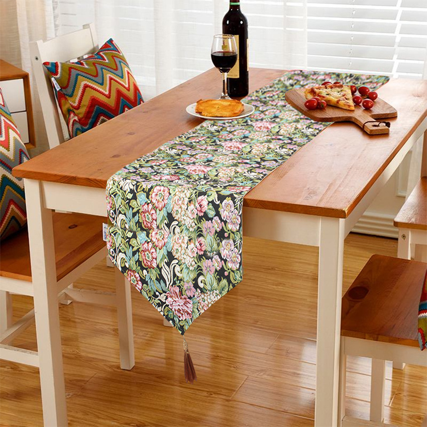 Custom tapestry dining room table runner online cotton and polyester woven jacquard green table runner