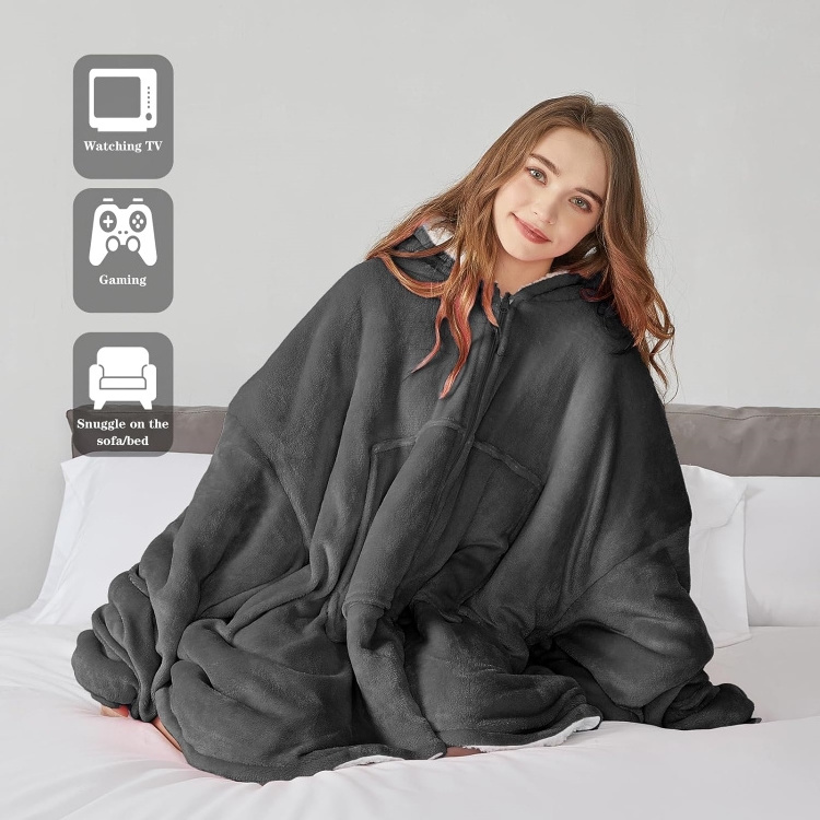 Deluxe Sherpa Fleece Sweatshirt Blanket Oversized Wearable Blanket with Pockets Sleeves and Front Zipper