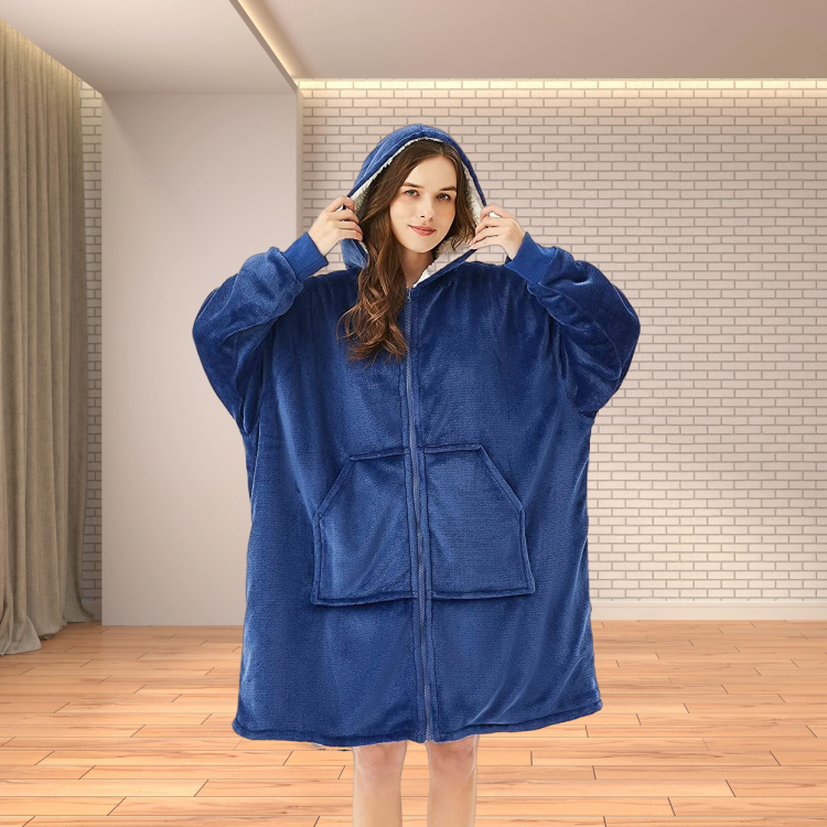 Deluxe Sherpa Fleece Sweatshirt Blanket Oversized Wearable Blanket with Pockets Sleeves and Front Zipper