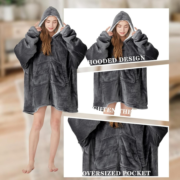 Deluxe Sherpa Fleece Sweatshirt Blanket Oversized Wearable Blanket with Pockets Sleeves and Front Zipper