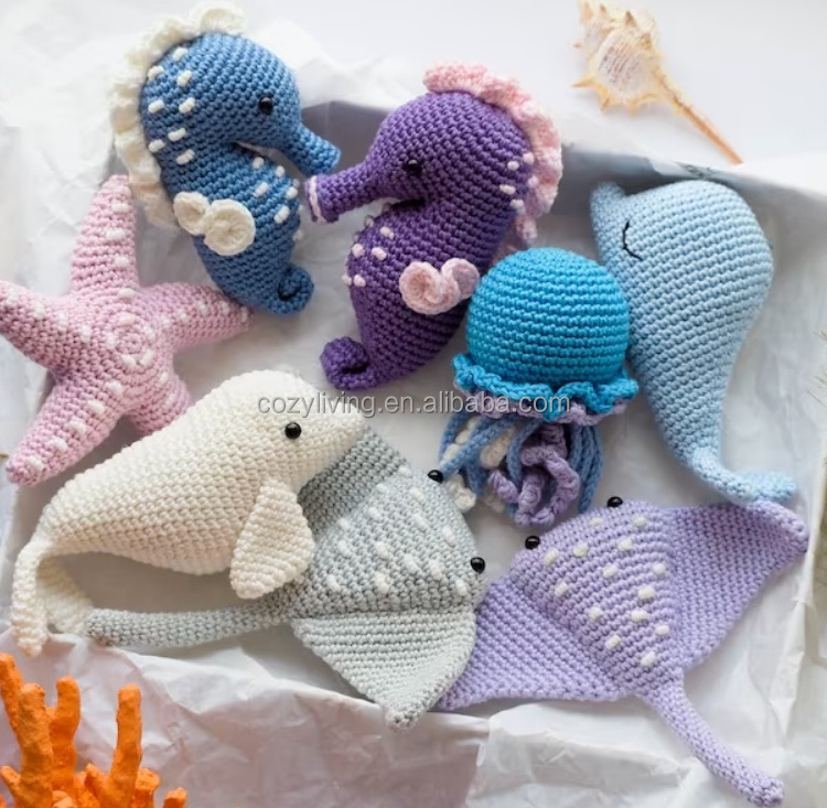 Customized Logo Crochet  Sea Animal Toys Hand Amigurumi Cute Sea Horse Jellyfish Stingray Animal Kids Toys