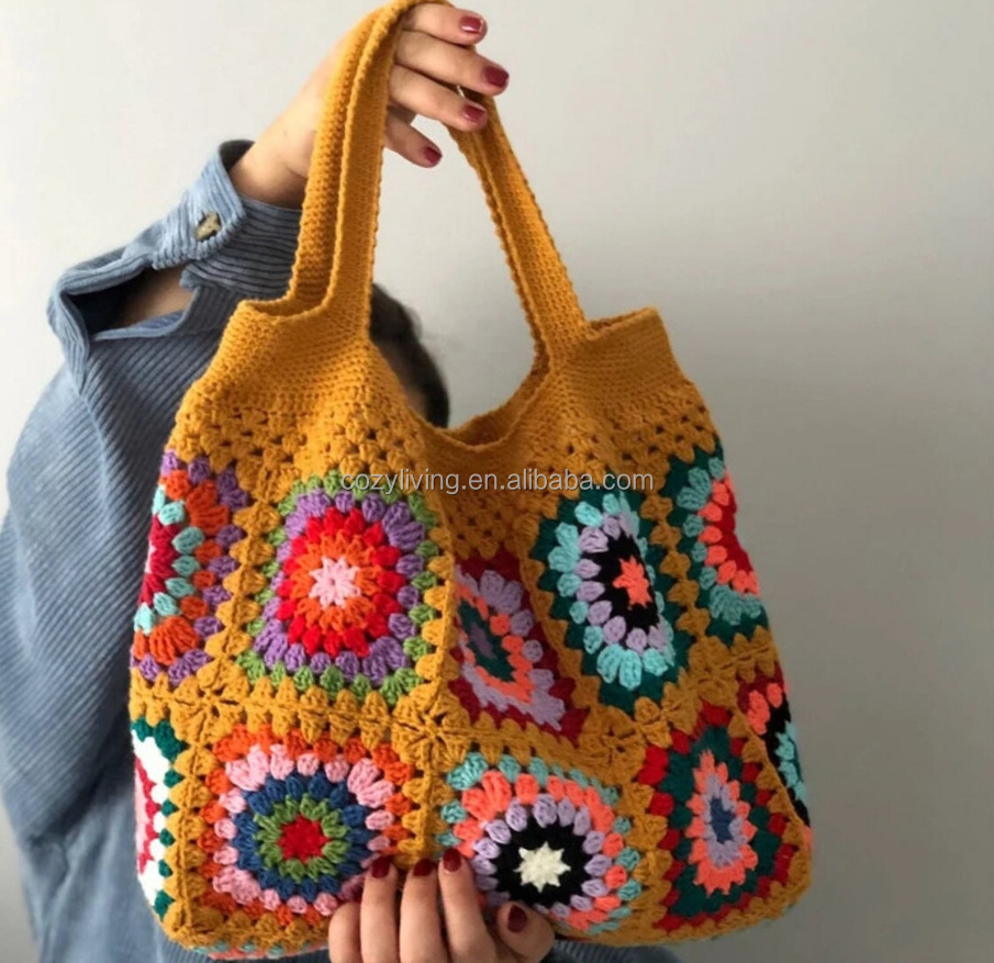 Best Gifts for Her Beach Bag with Crochet Handle Boho Crochet Granny Square Bag Cotton And Acrylic Material