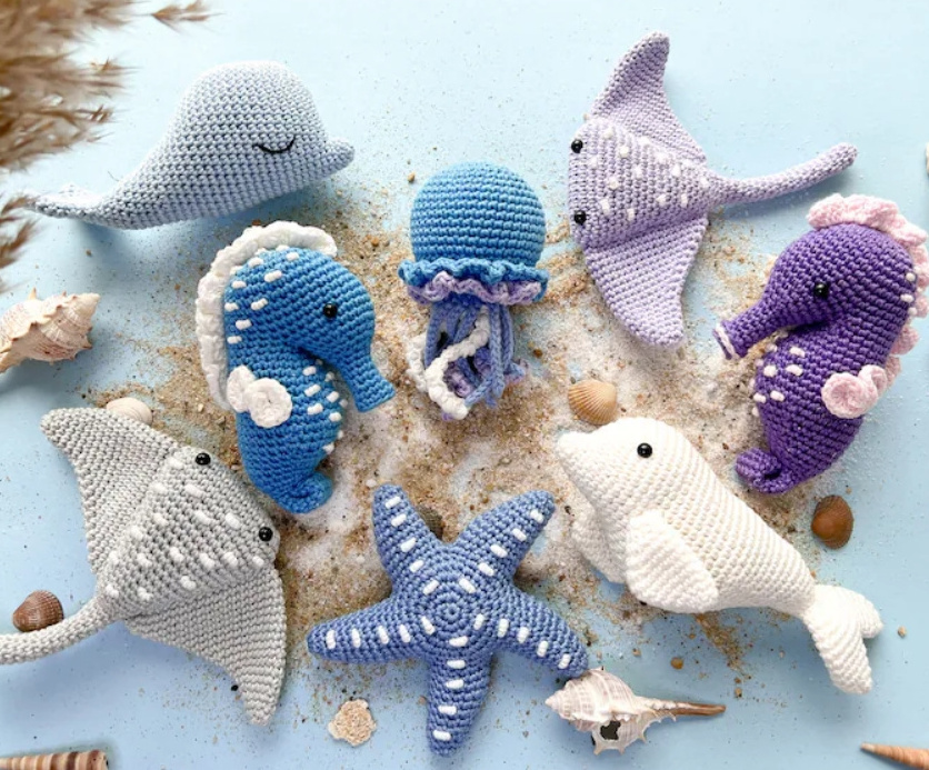 Customized Logo Crochet  Sea Animal Toys Hand Amigurumi Cute Sea Horse Jellyfish Stingray Animal Kids Toys