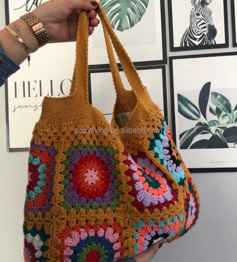 Best Gifts for Her Beach Bag with Crochet Handle Boho Crochet Granny Square Bag Cotton And Acrylic Material