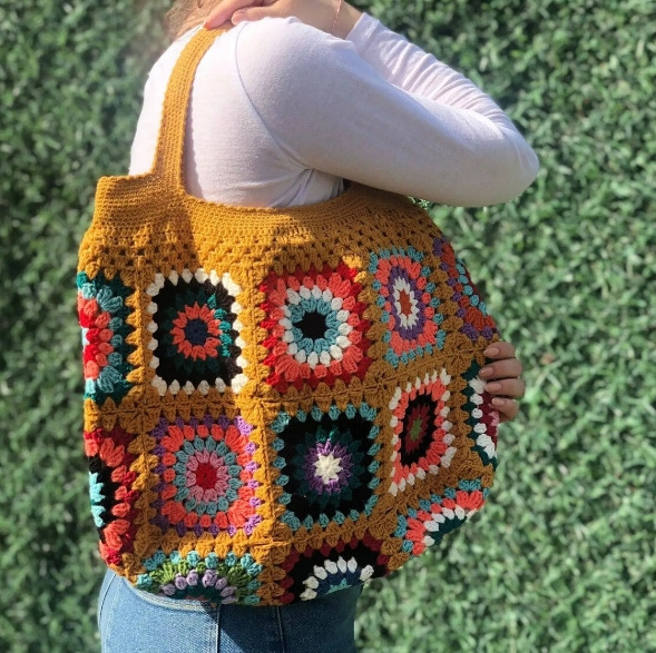 Best Gifts for Her Beach Bag with Crochet Handle Boho Crochet Granny Square Bag Cotton And Acrylic Material