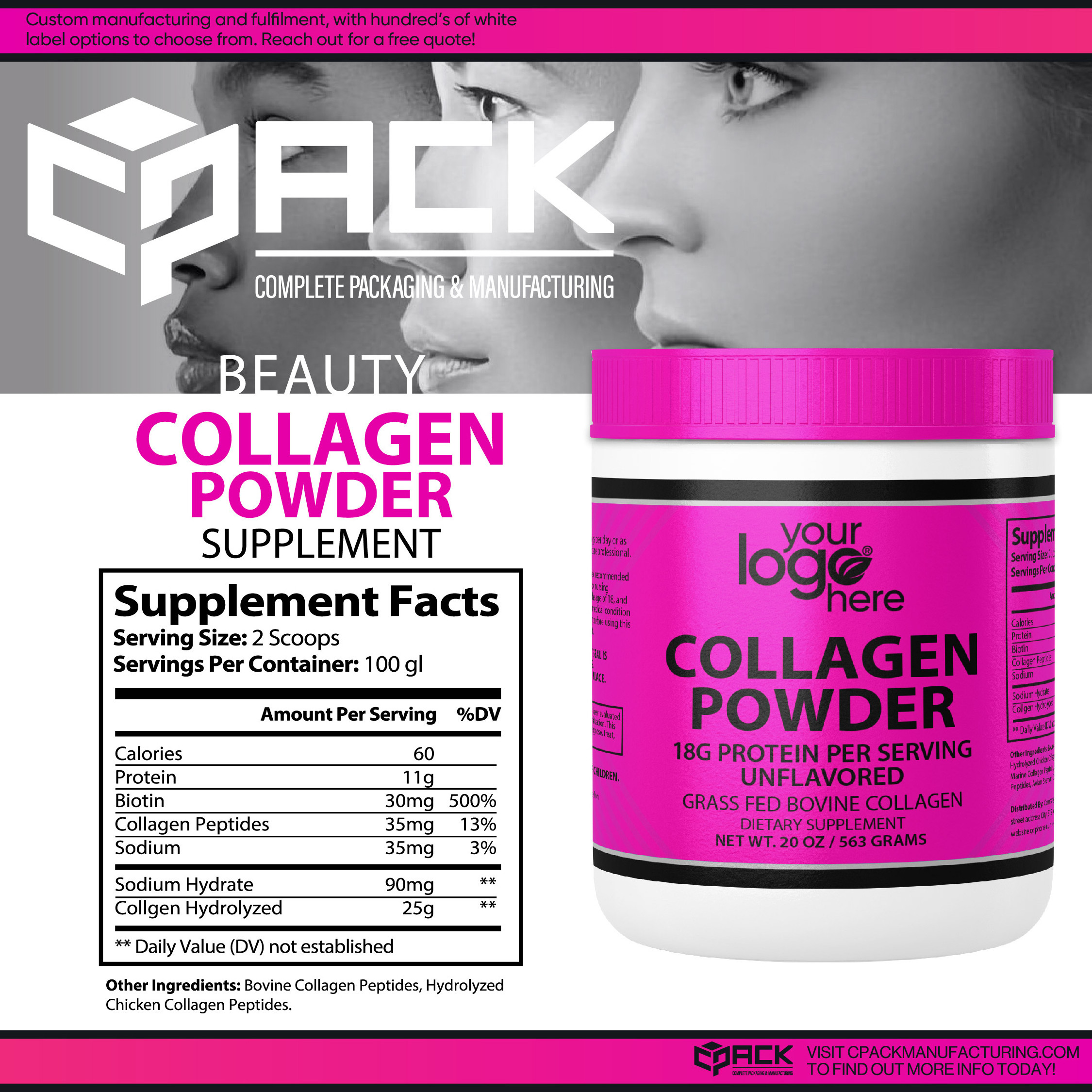 US Supplier's Private Label Collagen Powder with Protein Vitamins for Healthy Skin Hair Nails Joint Support OEM ODM Available