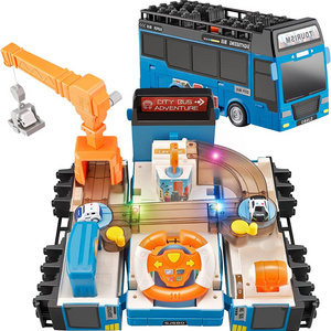 Double lay Race Car Tracks for Boys Hot City Bus Adventure Toys with Steering Wheel City Rescue Educational Toys