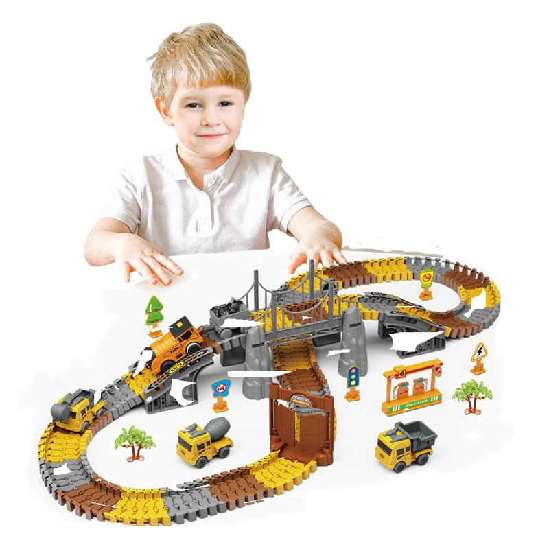 Electric 174Pcs Slot Car Race Rrack Sets Flexible Track Play set Plastic Dinosaur Track Toy With 4pcs Construction Car for Boys