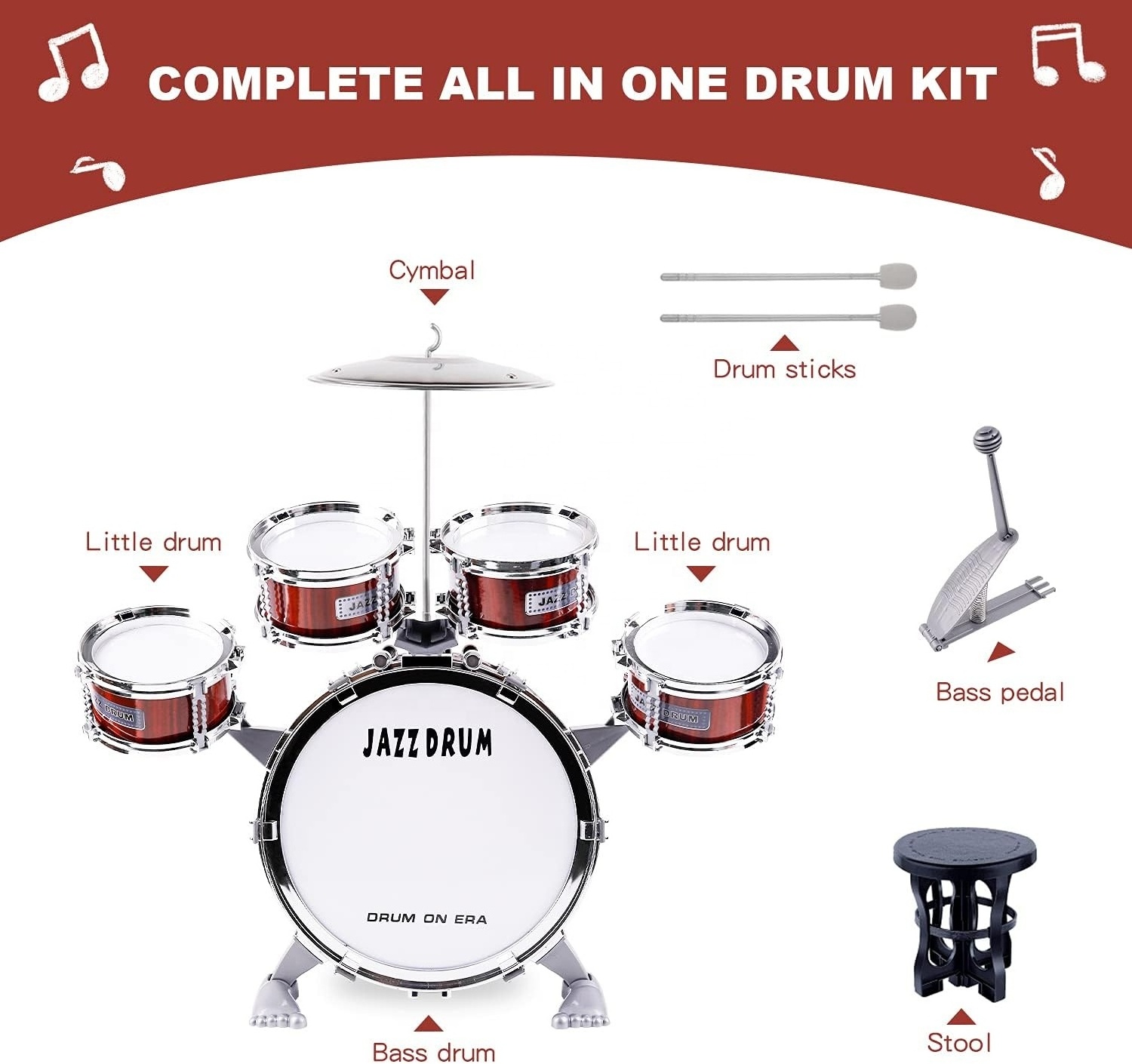 Toddle Drum Kit Kids Toy Jazz Drum Set 5 Drums with Stool Mini Band Rock Set Musical Instruments Toy Birthday Gift