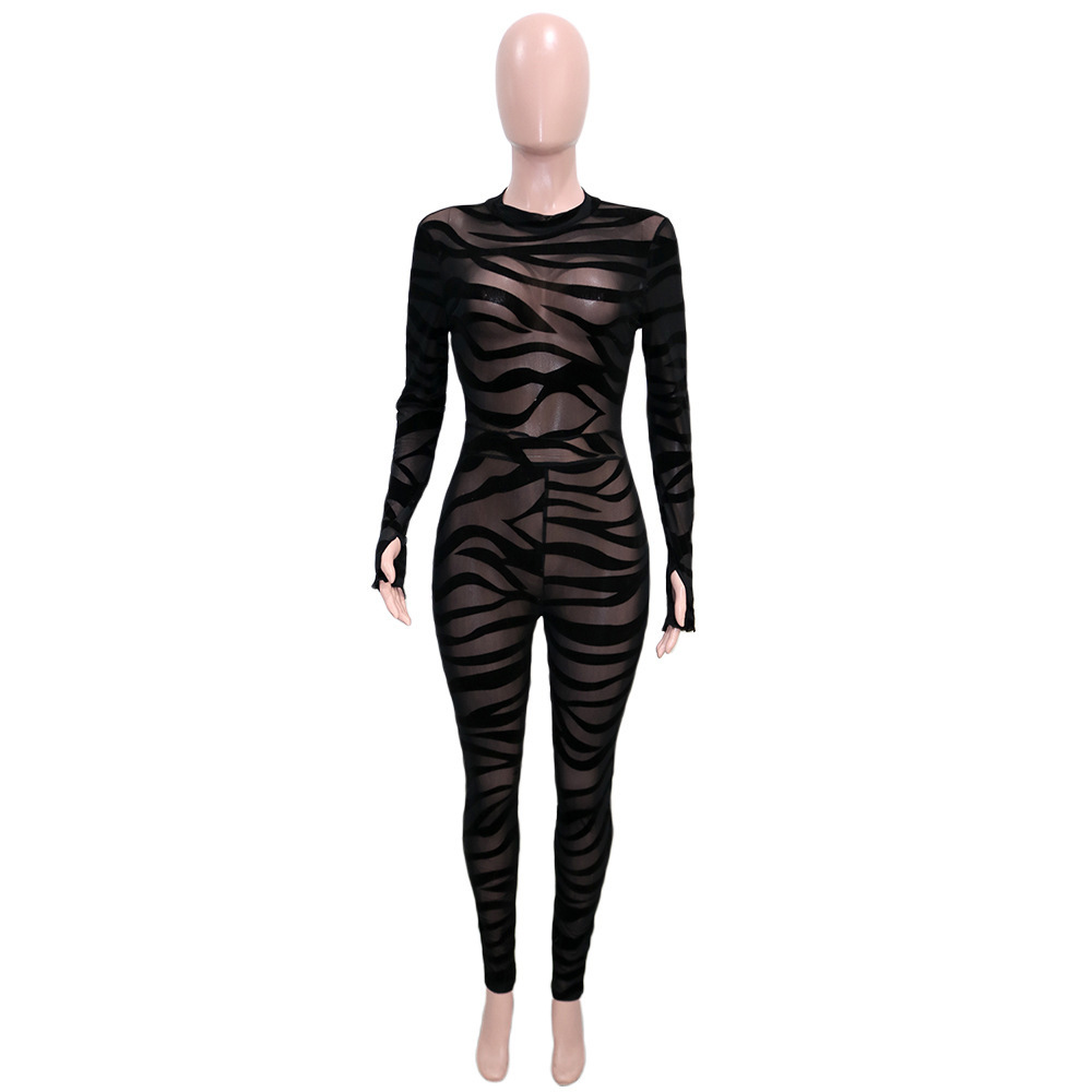 Streetwear Striped Skinny Jumpsuit Sexy Night Club Outfits Women Sheer Mesh See Through Overalls Bodycon Rompers Jumpsuit