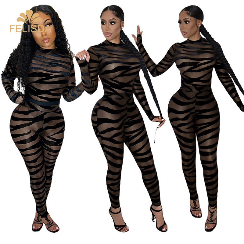 Streetwear Striped Skinny Jumpsuit Sexy Night Club Outfits Women Sheer Mesh See Through Overalls Bodycon Rompers Jumpsuit