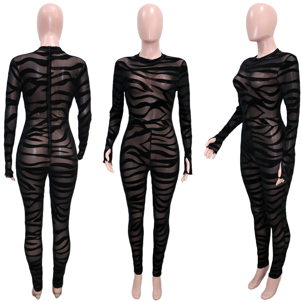 Streetwear Striped Skinny Jumpsuit Sexy Night Club Outfits Women Sheer Mesh See Through Overalls Bodycon Rompers Jumpsuit