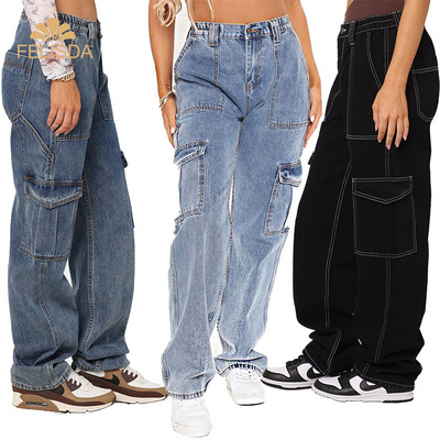 Women High Waist Baggy Jeans Flap Pocket Relaxed Fit Straight Wide Leg Y2K Fashion Cargo Jeans