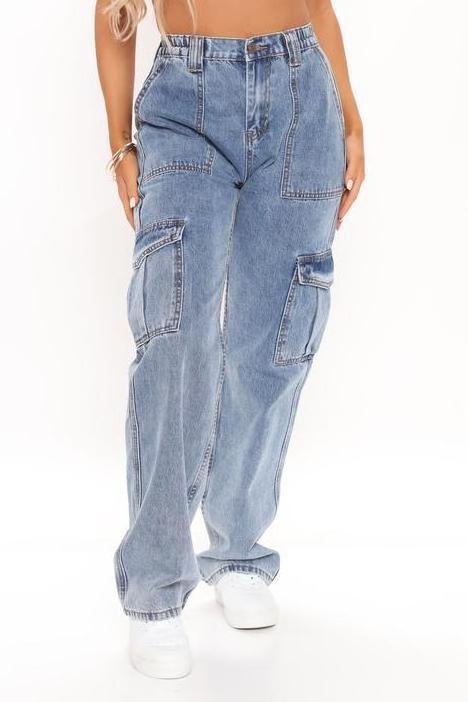 Women High Waist Baggy Jeans Flap Pocket Relaxed Fit Straight Wide Leg Y2K Fashion Cargo Jeans