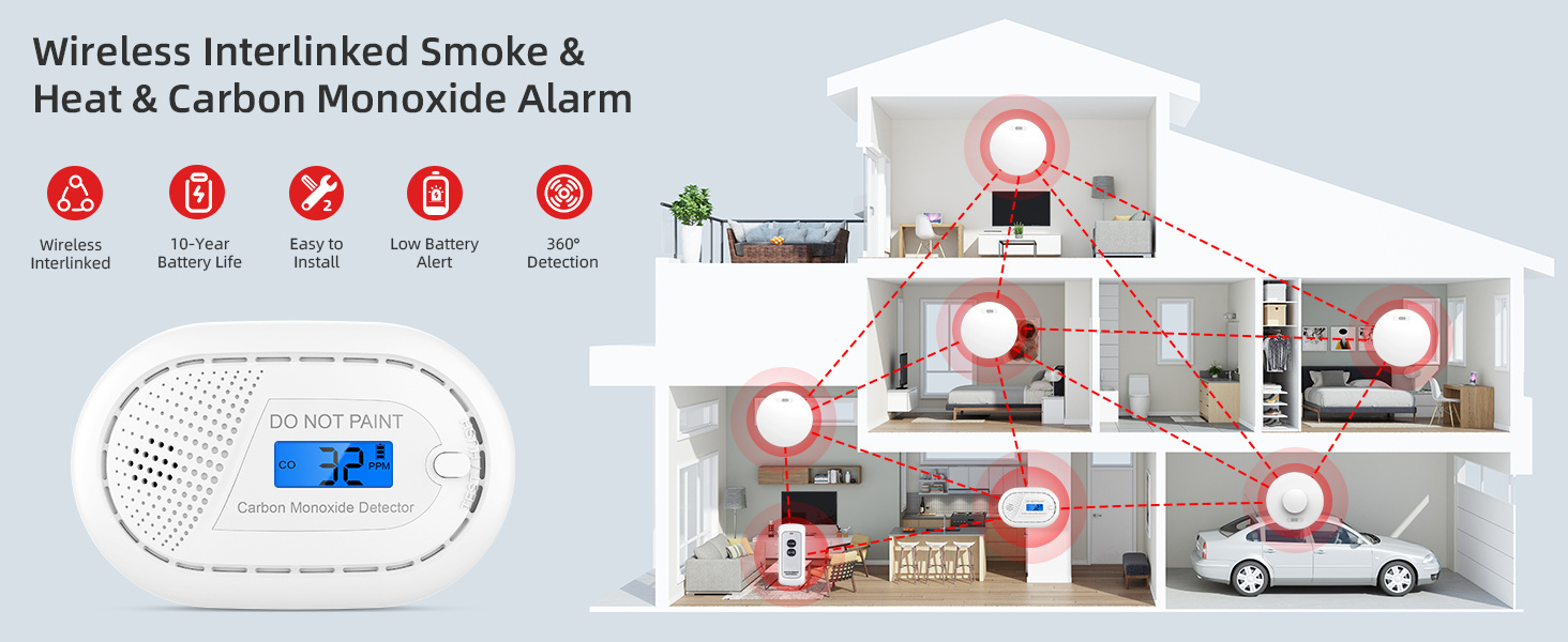 Interlinked Fire Alarm System 10 Year Battery Smoke Detector Interconnected Carbon Monoxide Alarm