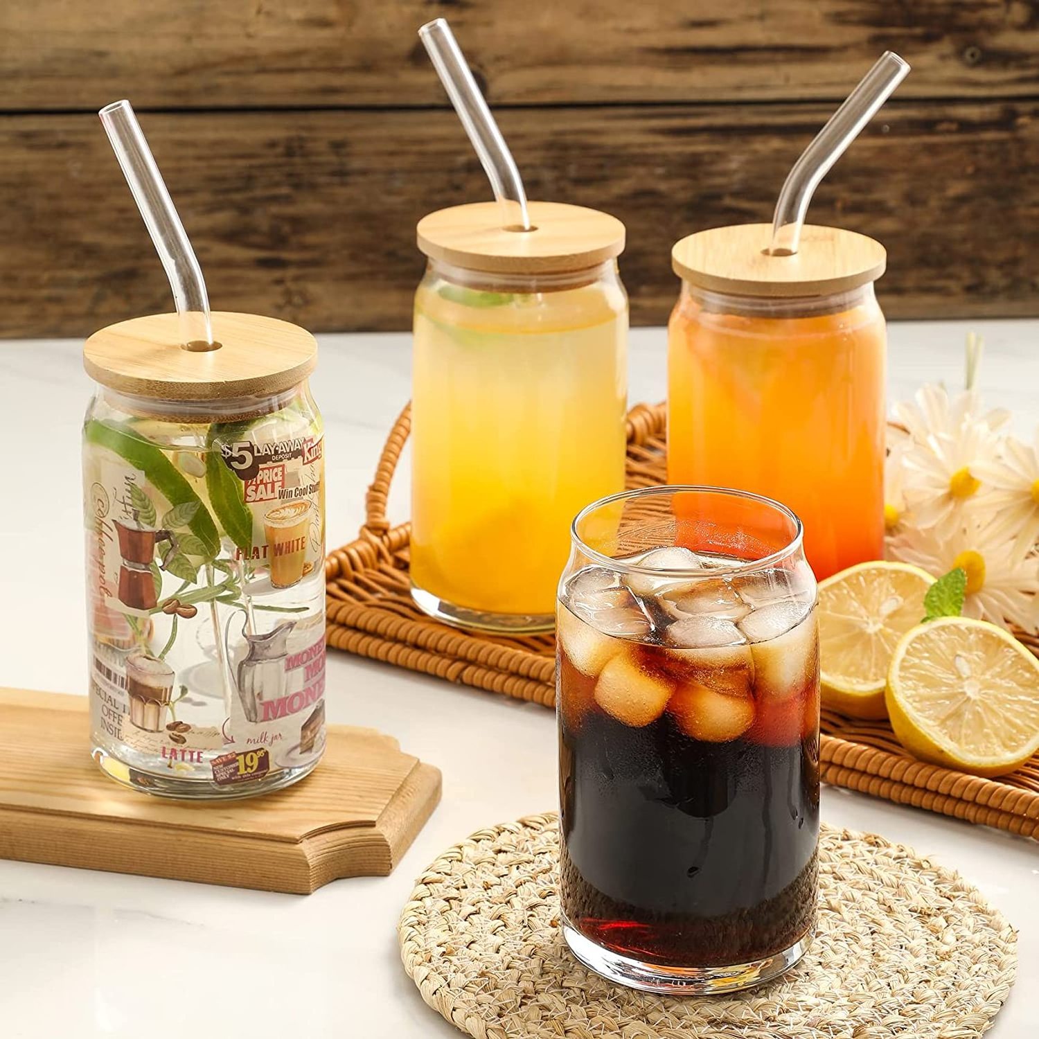 4 Pack Borosilicate 12oz 16oz 20oz Clear Tumbler Beer Can Shaped Glass Cup With Bamboo Lid And Straws