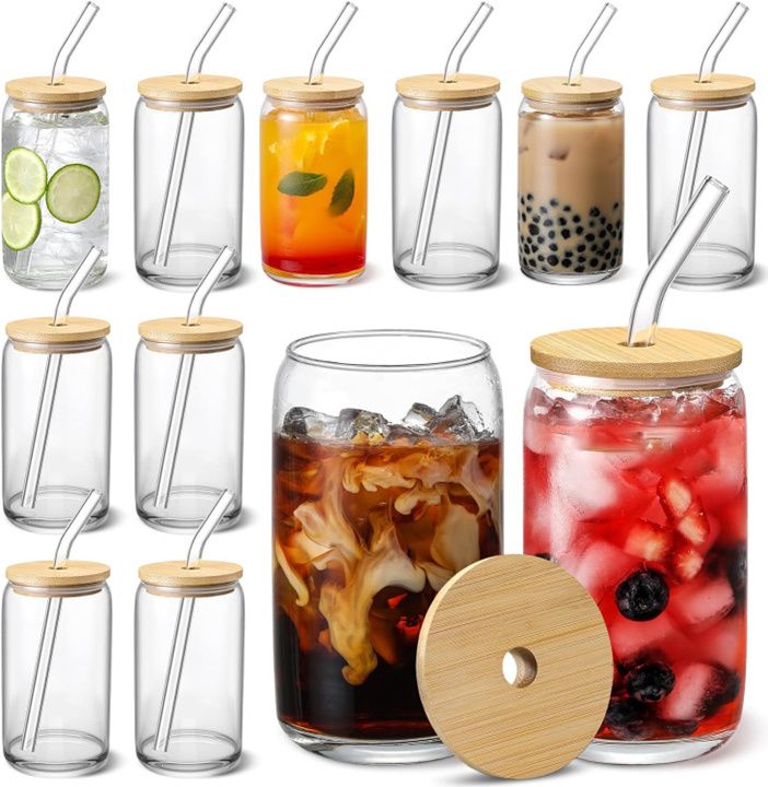 500ml 550ml 16oz 18oz Can Shaped Glass Cup Tumbler Beer Can Borosilicate Glasses Bottles Jars with Bamboo Lid and Straw