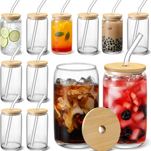 500ml 550ml 16oz 18oz Can Shaped Glass Cup Tumbler Beer Can Borosilicate Glasses Bottles Jars with Bamboo Lid and Straw