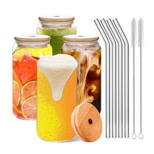 4 Pack Borosilicate 12oz 16oz 20oz Clear Tumbler Beer Can Shaped Glass Cup With Bamboo Lid And Straws