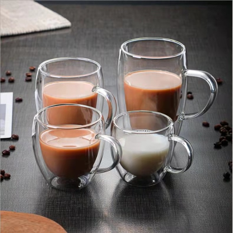 Custom Logo Borosilicate Glass Insulated Double Walled Glass Coffee Tea Cup Mug Tumbler Cappuccino Latte Coffee Cup With Handle