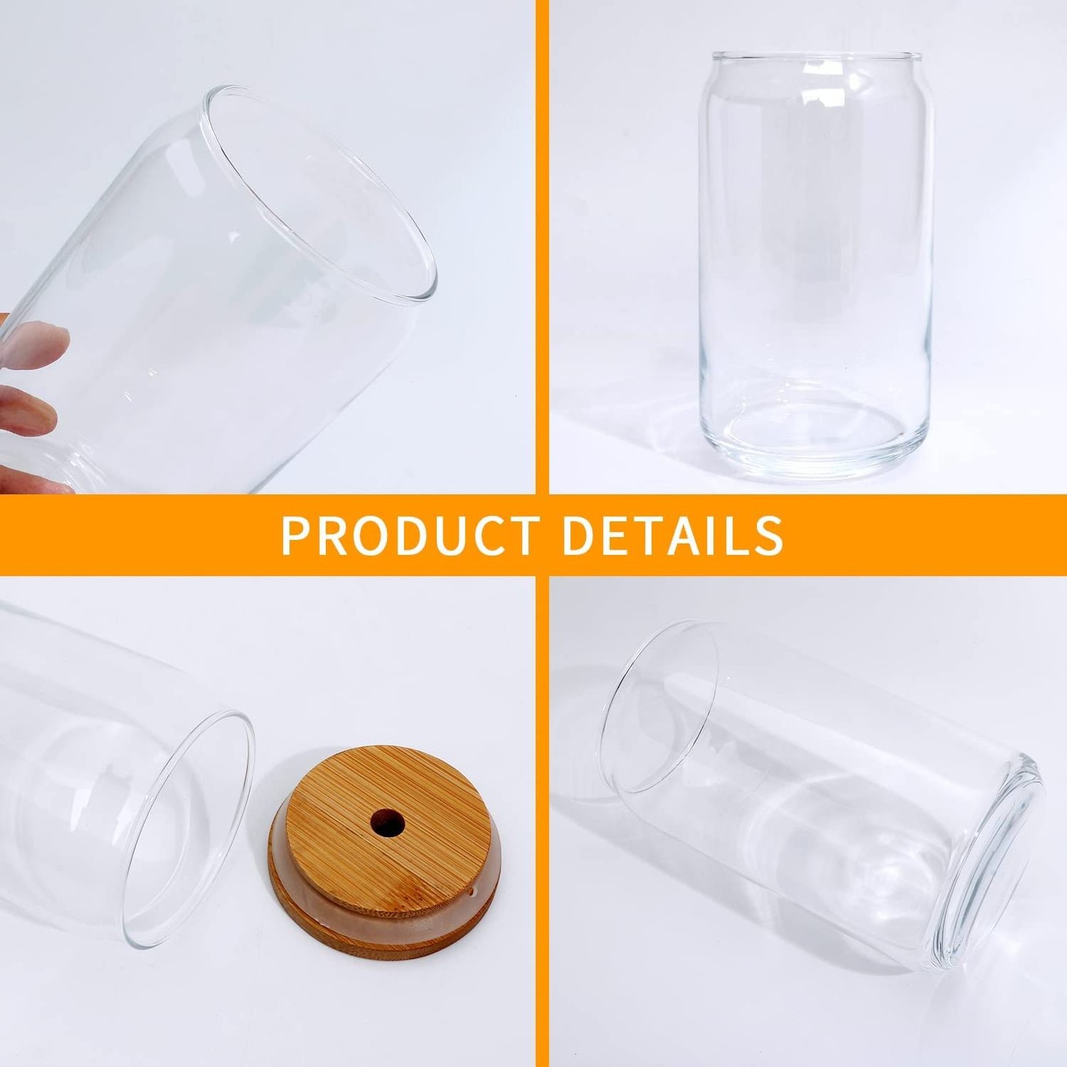 4 Pack Borosilicate 12oz 16oz 20oz Clear Tumbler Beer Can Shaped Glass Cup With Bamboo Lid And Straws