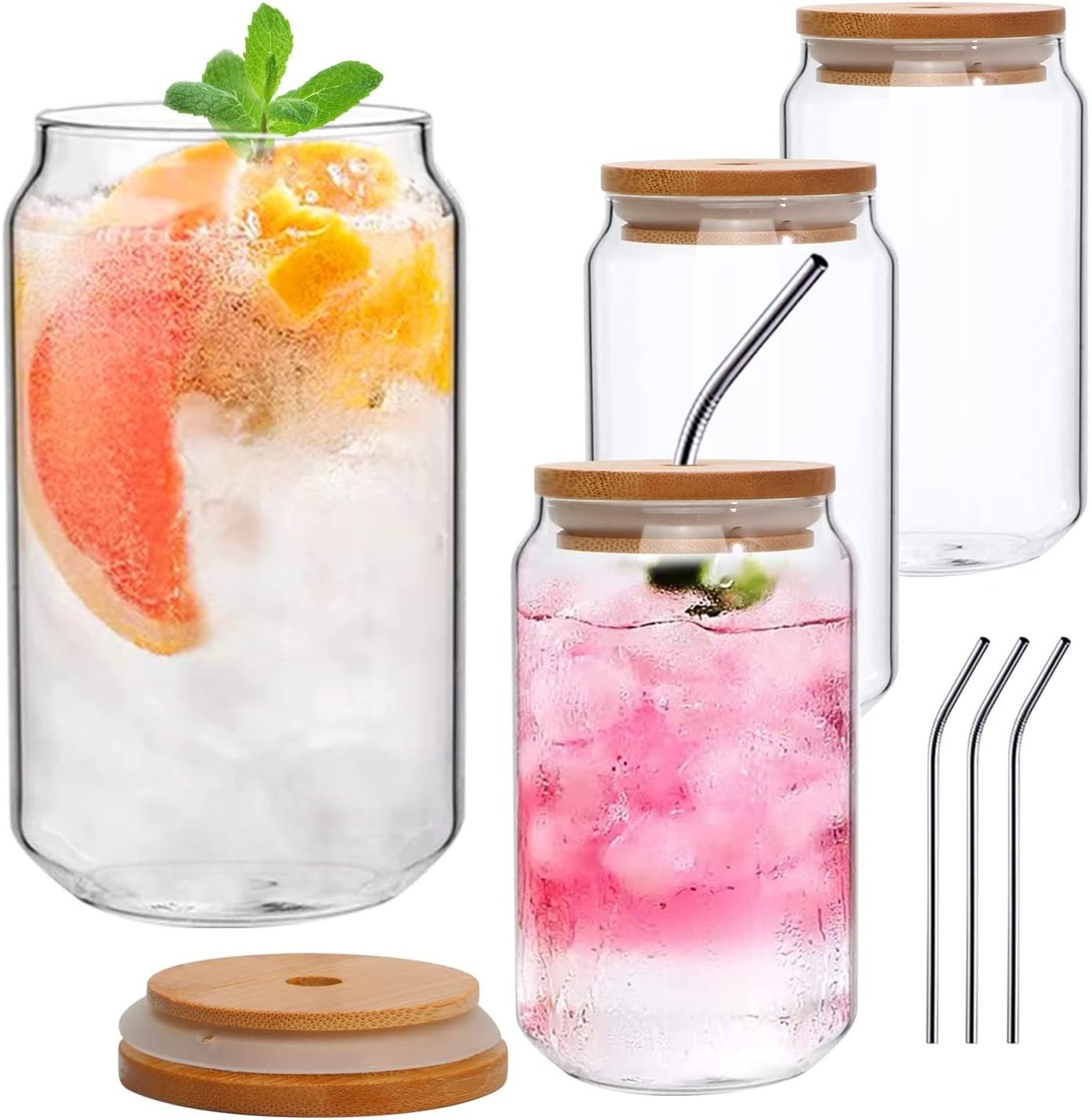 4 Pack Borosilicate 12oz 16oz 20oz Clear Tumbler Beer Can Shaped Glass Cup With Bamboo Lid And Straws