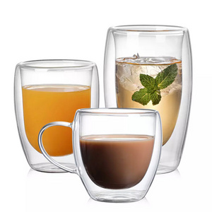 Custom Logo Heat Resistant High Borosilicate Double Wall Glass Coffee Cup With Glass Handle