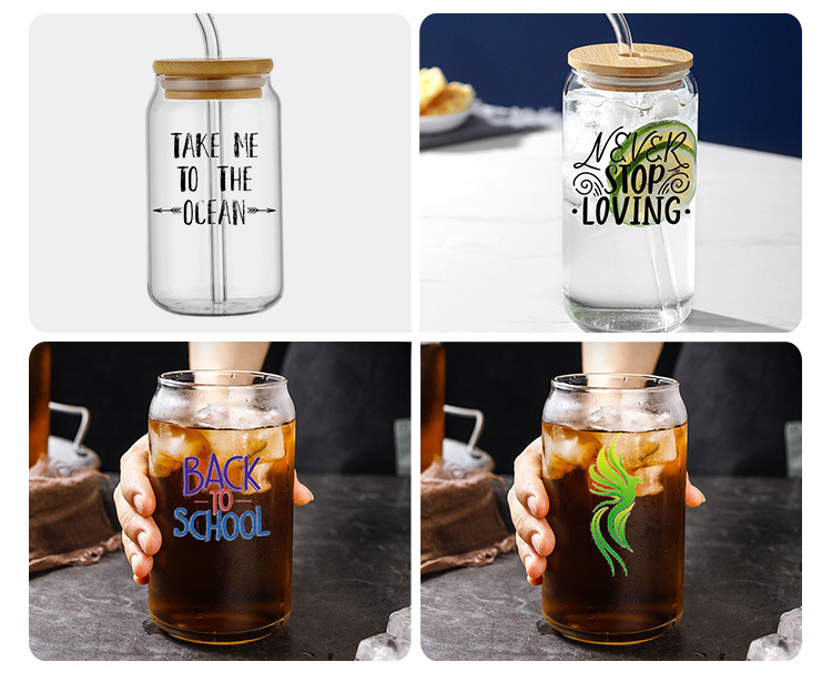 Custom Logo 400ml Clear Square Shaped Borosilicate Glass Beer Soda Juice Coffee Mug Cup with Colorful Handles Bamboo Lid Straw