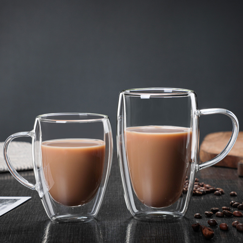 Custom Logo Heat Resistant High Borosilicate Double Wall Glass Coffee Cup With Glass Handle