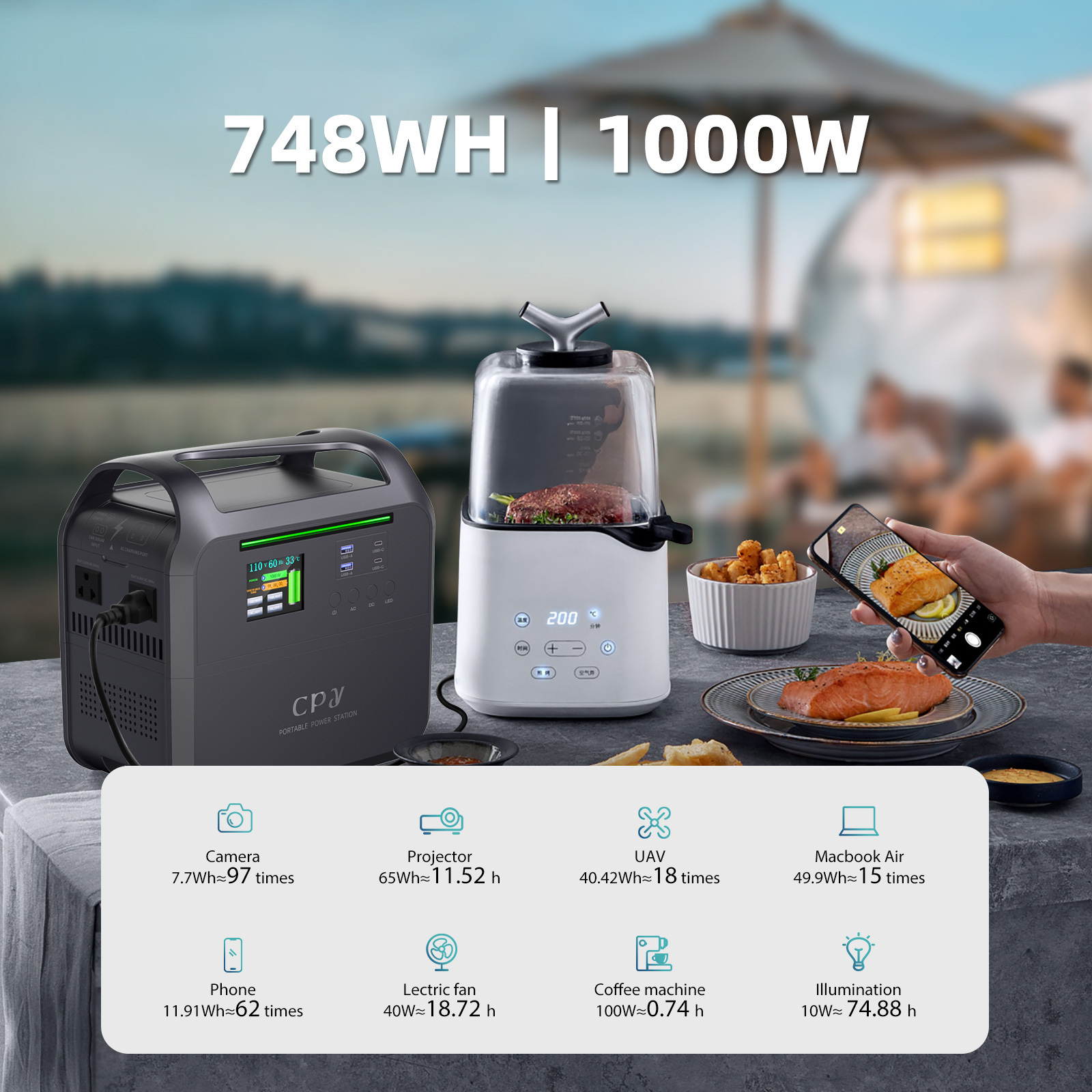 Power Station  Portable Power 1000W 748wh Station Lithium Battery Pack Outdoor Solar Rechargeable Mobile Power Supply