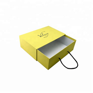 Customs yellow paper drawer cardboard shoe box with carry handle ,pull out cardboard gift box for shoes