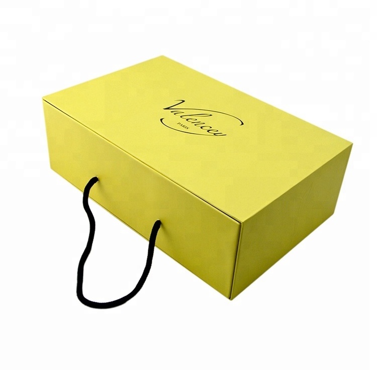 Customs yellow paper drawer cardboard shoe box with carry handle ,pull out cardboard gift box for shoes