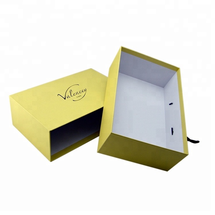 Customs yellow paper drawer cardboard shoe box with carry handle ,pull out cardboard gift box for shoes