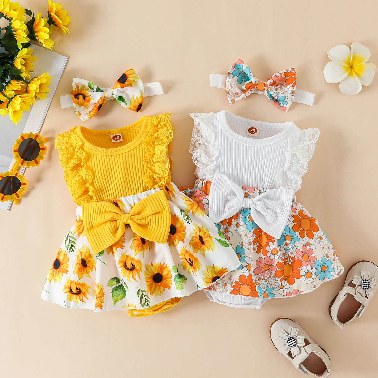 Summer Clothes Baby Girl Beach Dresses Casual Fashion Print Cute Bow Flower Princess Dress Newborn Clothing Set