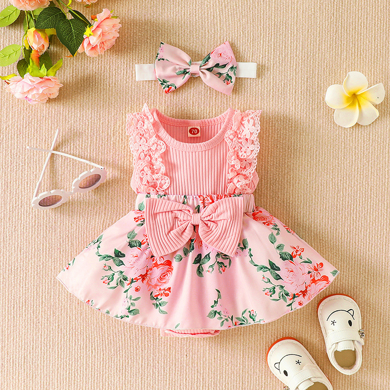 Summer Clothes Baby Girl Beach Dresses Casual Fashion Print Cute Bow Flower Princess Dress Newborn Clothing Set