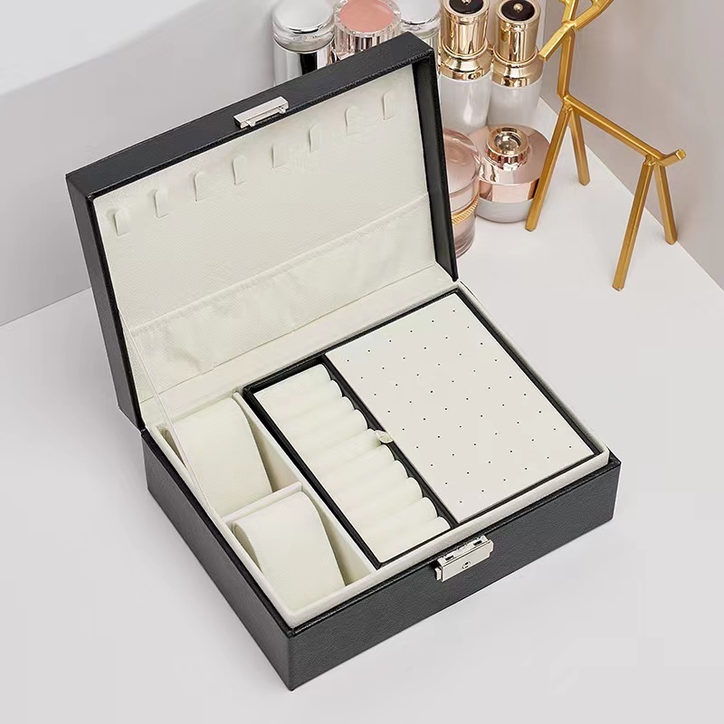 Women's Jewelry Box PU Leather 2 Layer Medium Jewelry Storage Box with Lock