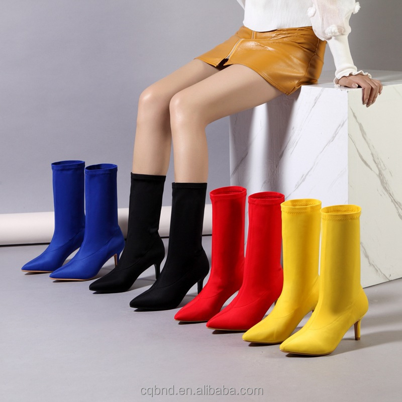 New Arrivals Pointed Suede Botas Solid Candy Color Mid Boots Stiletto Women'S Thigh High Heels Boots