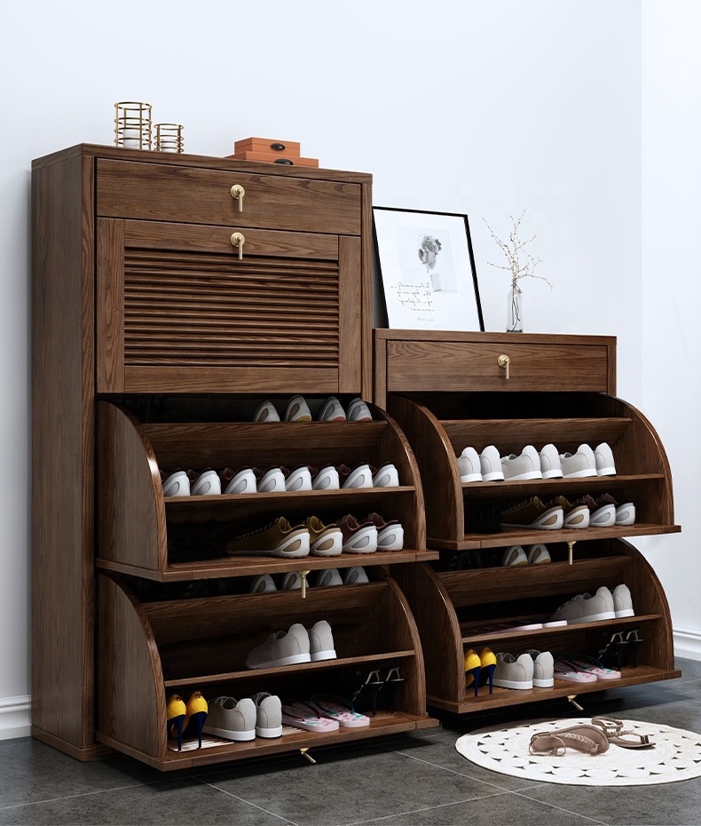 Contemporary Design Espresso Brass Thin Rotating Entryways Ash Wooden Shoe Rack Cabinet