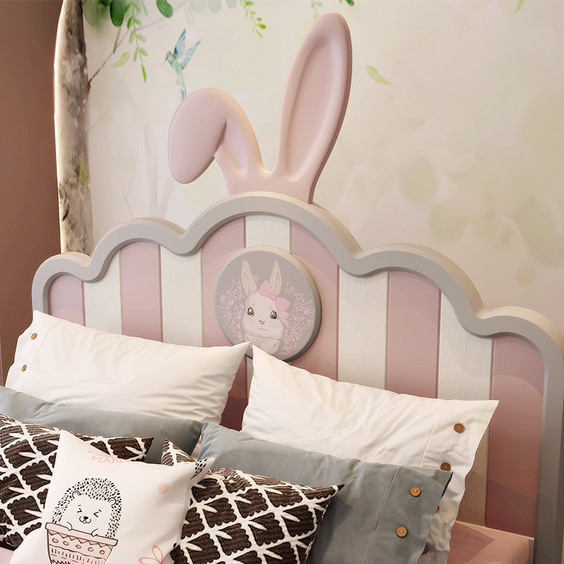 New Cute Cartoon Children Bedroom Furniture Bunny Ears Headboard Pink Kid Bed For Girl Princess