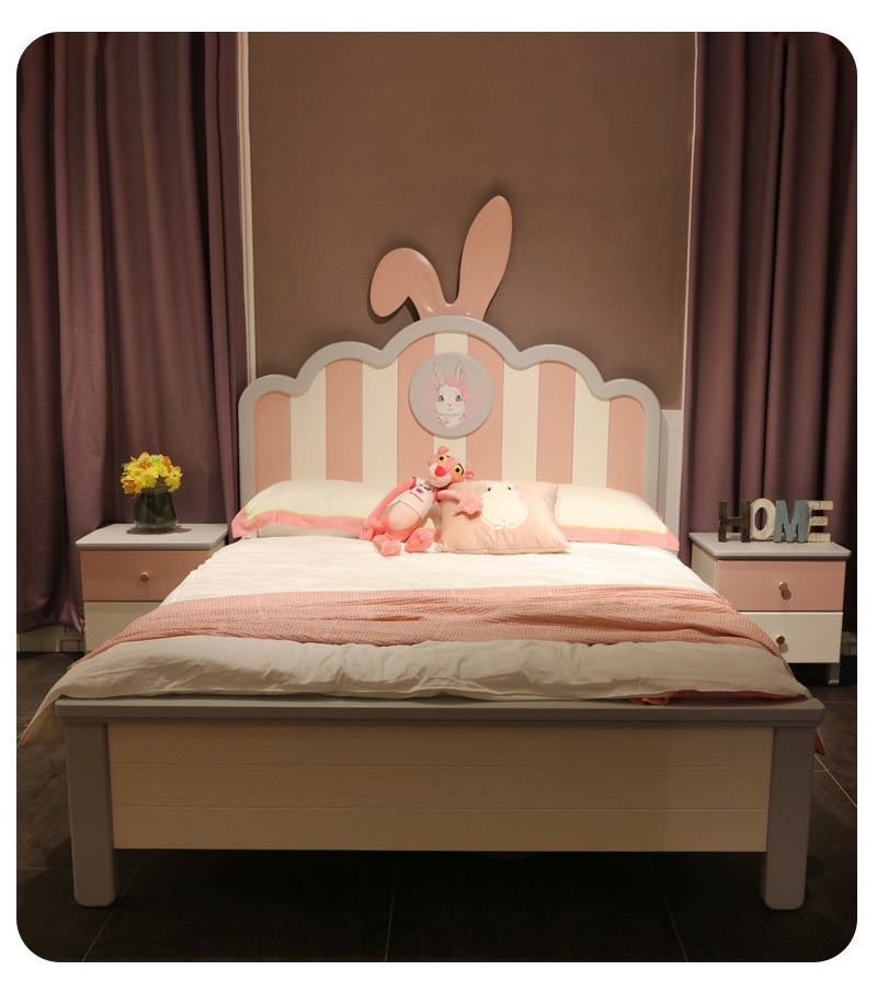 New Cute Cartoon Children Bedroom Furniture Bunny Ears Headboard Pink Kid Bed For Girl Princess