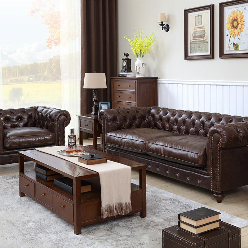 Vintage Mid Century American Style Brown Couch Roll Arm Tan Leather Chesterfield Sofa Set