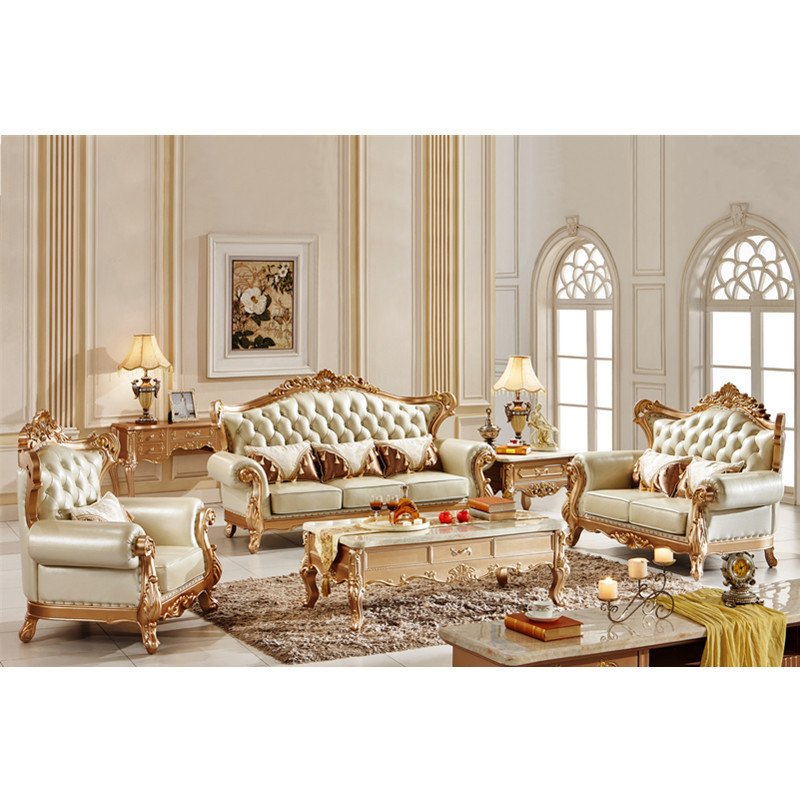 Custom European style royal luxury living room furniture set champagne gold sectional couch leather sofa