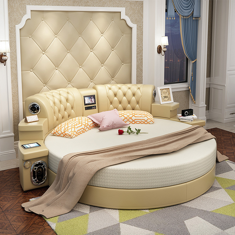 European Design Media Leather Bedroom Furniture King Size Platform Tufted Round Smart Bed