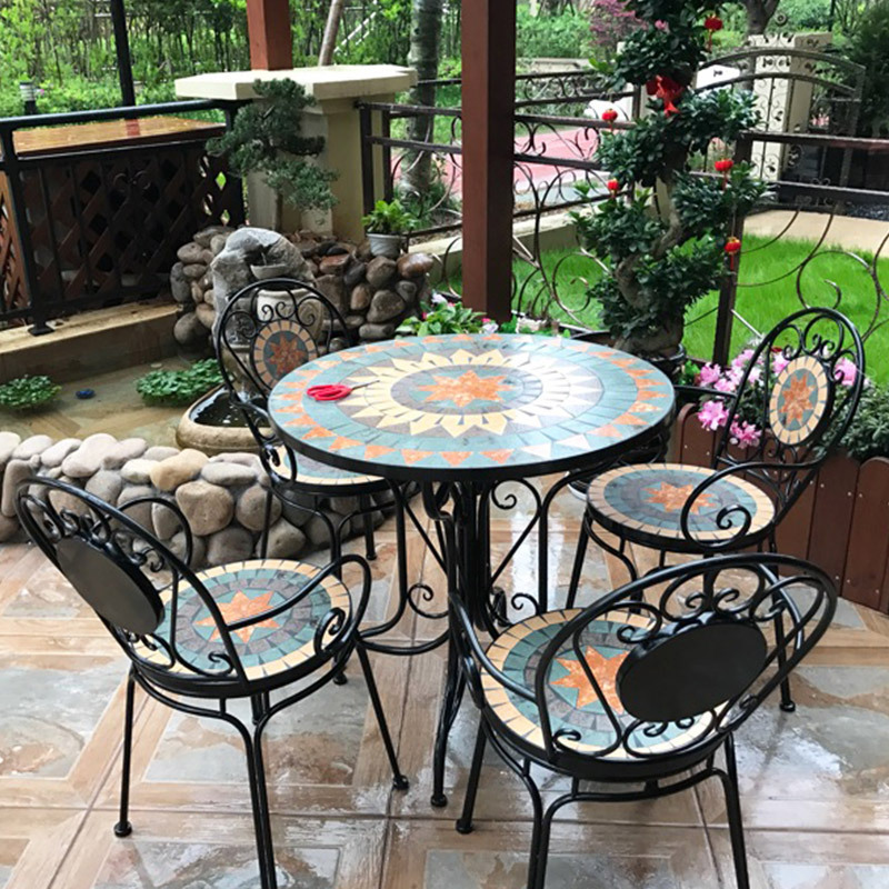 Antique Boho Restaurant Exterior Patio Garden Furniture Ceramic Tile Table Chairs For 4