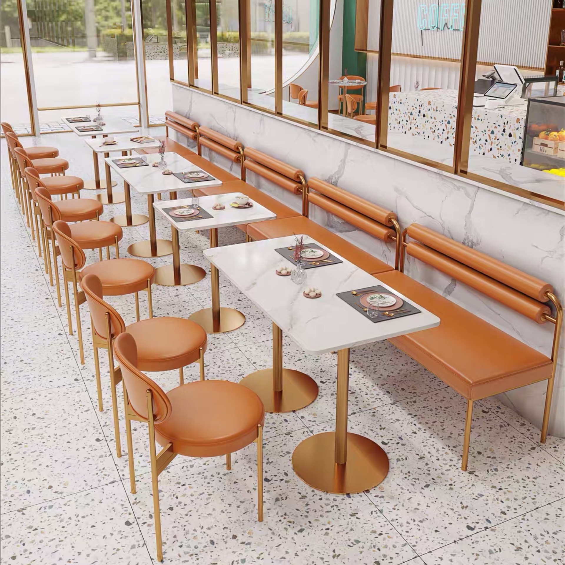 Latest Stylist Cafeteria Furniture Orange Commercial Seat Metal Iron Restaurant Table Chair