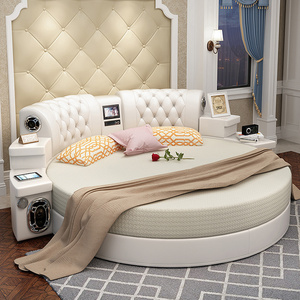 European Design Media Leather Bedroom Furniture King Size Platform Tufted Round Smart Bed