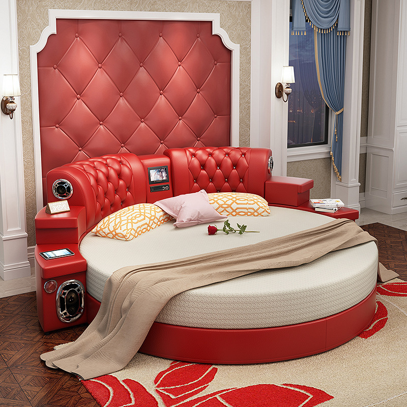 European Design Media Leather Bedroom Furniture King Size Platform Tufted Round Smart Bed