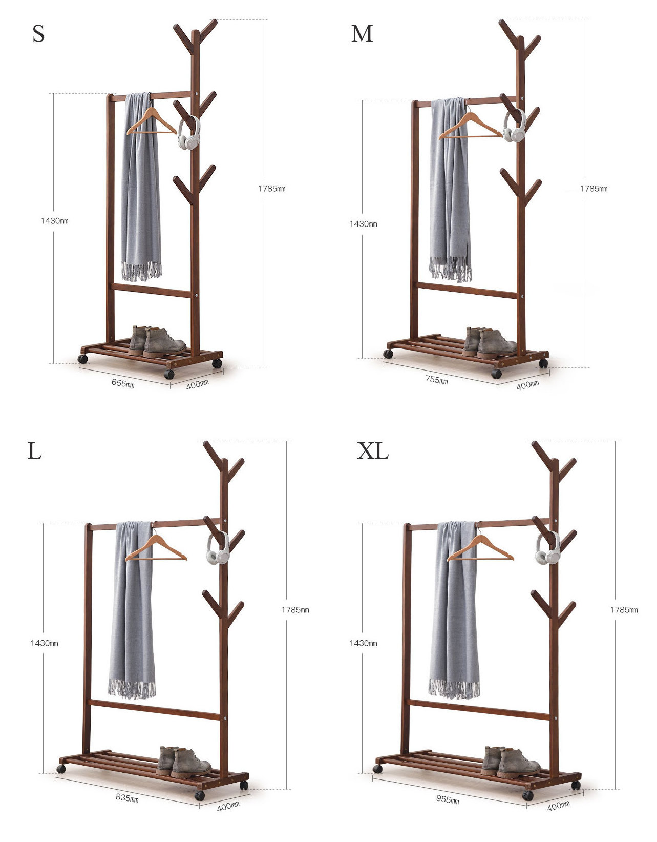 Mobile 3-in-1 Entryway Freestanding Shoe Rack Organizer Solid Wood Coat Hanger Tree With Wheels