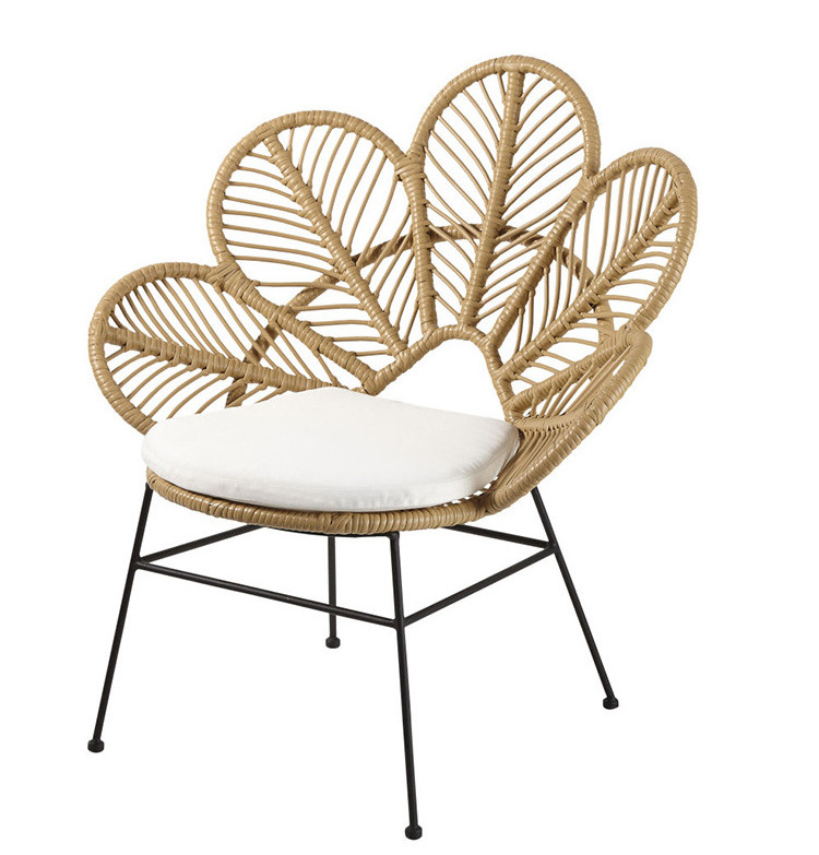 Indonesia Furniture Metal Frame Indoor Wicker Chaise Synthetic Rattan Flower Peacock Chair With Cushion